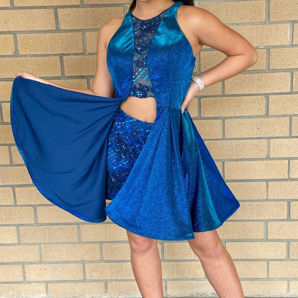 Rachel Allan Two Piece Romper Set Blue iridescent size 4